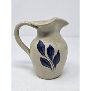 Williansburg Salt Glazed Pottery 4.5" Pitcher Blue Leaf Pattern